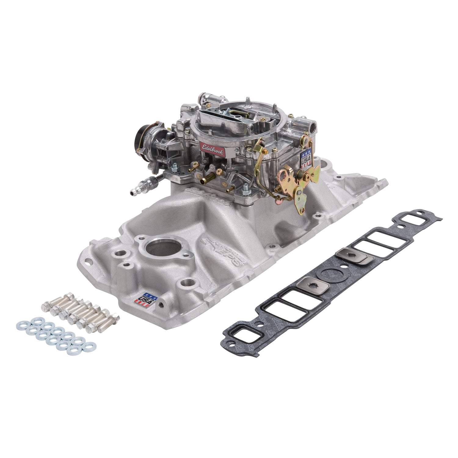 Edelbrock 2021 Single-Quad Manifold and Carb Kit for 1957-1986 Small-Block Chevy