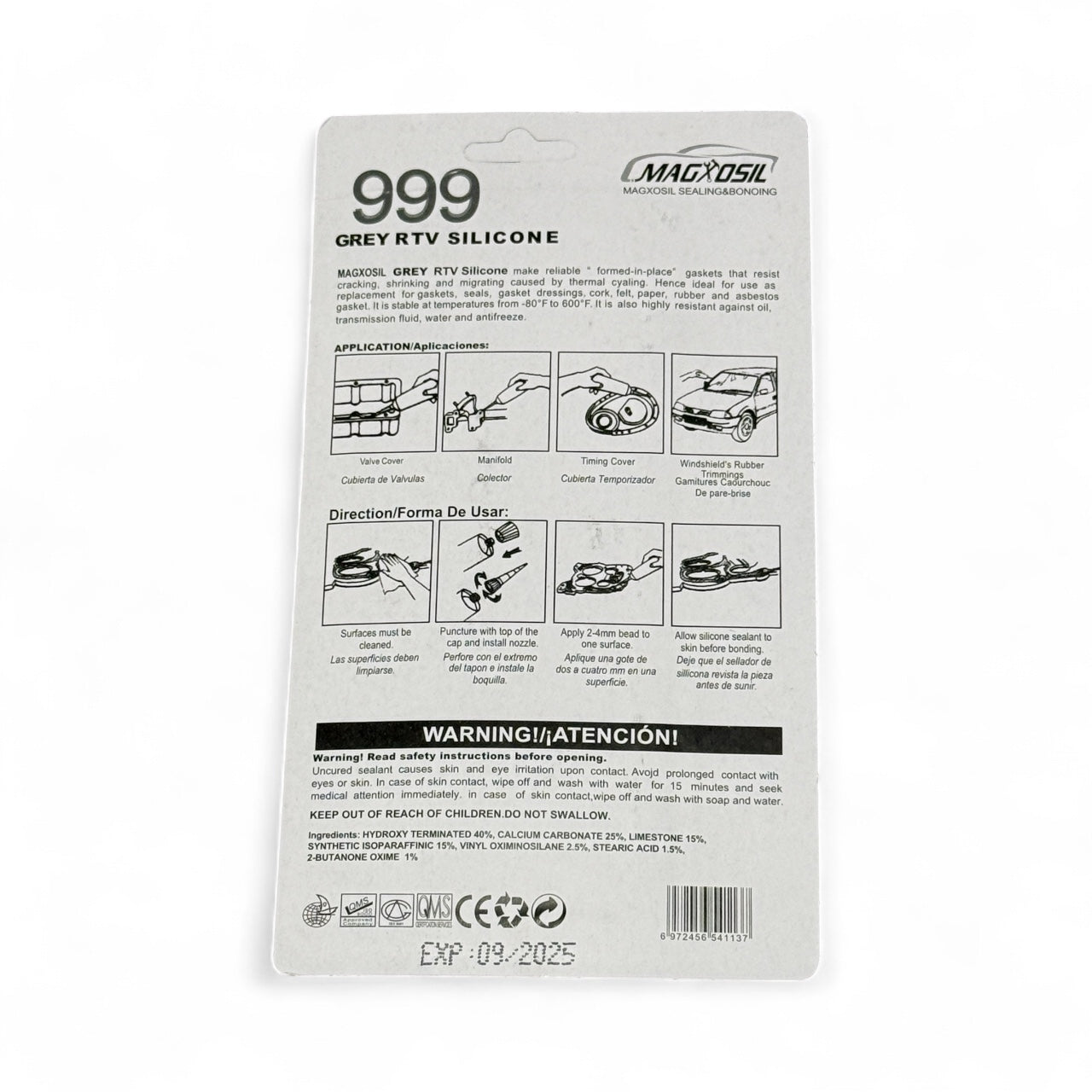 Magxosil 999 Grey Hi-Temp Temperature Gasket Maker RTV Silicone Sealant - 1.13 oz