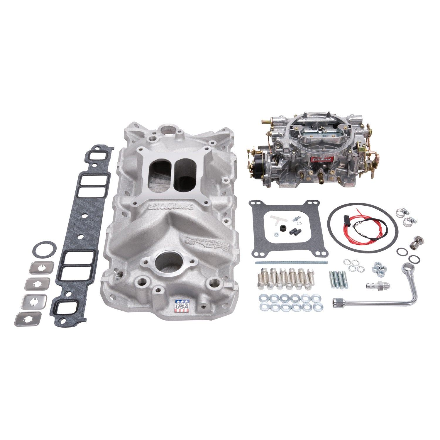 Edelbrock 2021 Single-Quad Manifold and Carb Kit for 1957-1986 Small-Block Chevy