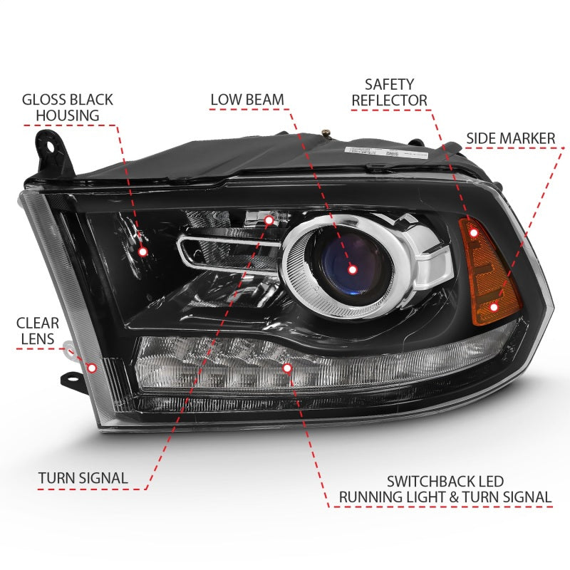 ANZO 111439 Projector Plank Style Switchback H.L Halo Black Amber (OE Style) for 2009-2018 Dodge Ram 1500