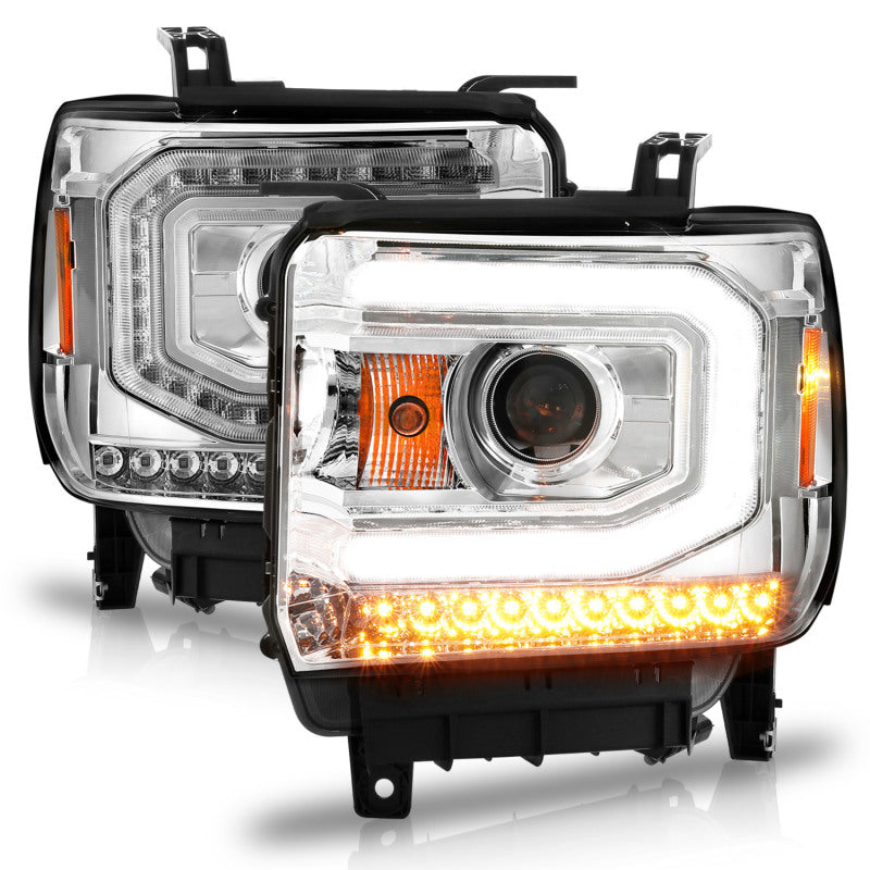 ANZO 111514 Projector Headlights w/ Light Bar Chrome Housing (Halogen Type) for 2014-2015 Gmc Sierra 1500