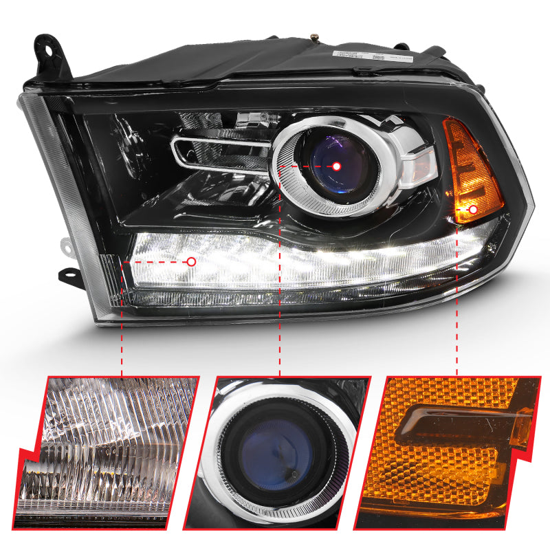 ANZO 111439 Projector Plank Style Switchback H.L Halo Black Amber (OE Style) for 2009-2018 Dodge Ram 1500