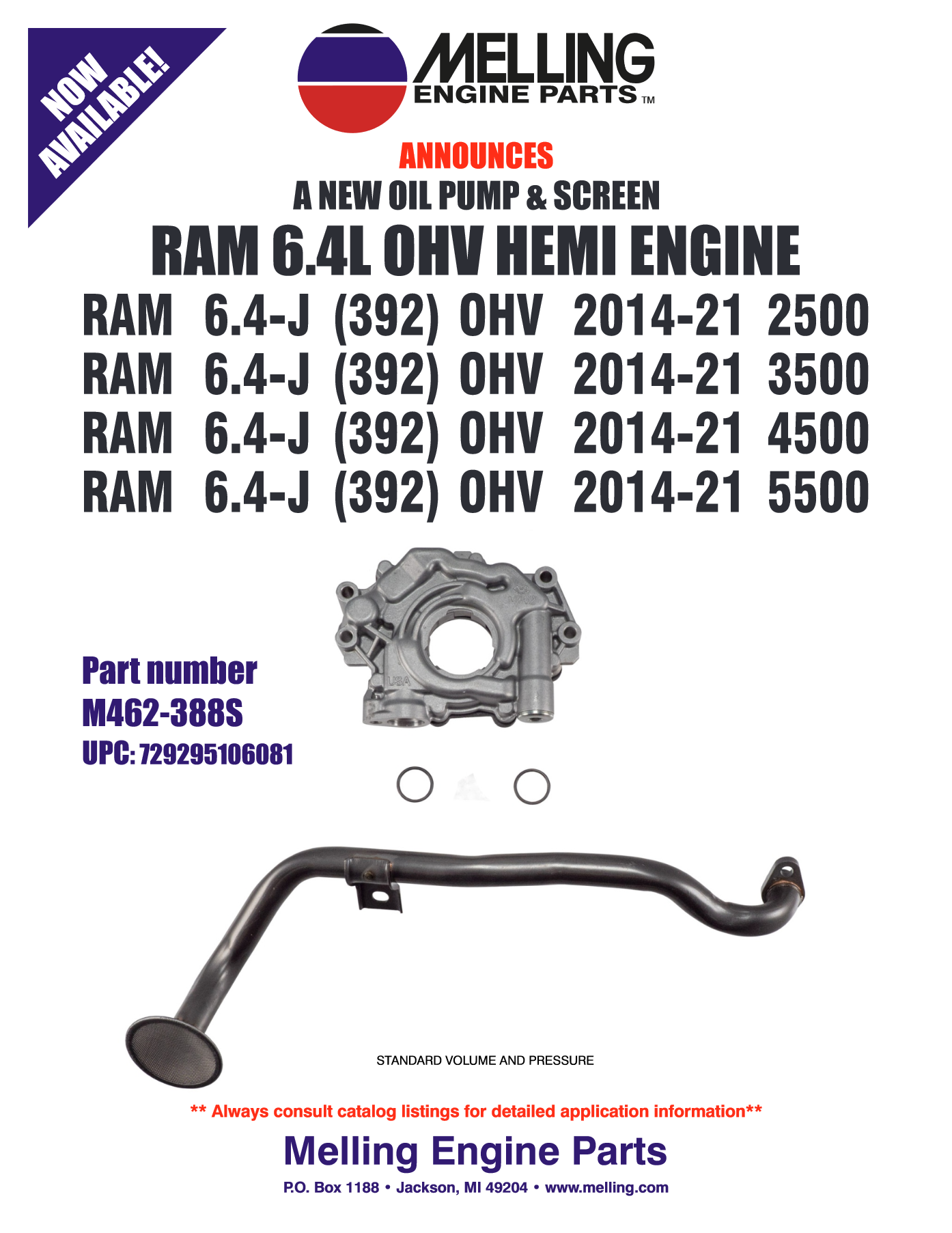 Melling M462-388S Oil Pump & Screen Kit for 2014-2021 Ram 6.4L Gen III Hemi