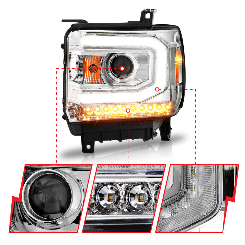ANZO 111514 Projector Headlights w/ Light Bar Chrome Housing (Halogen Type) for 2014-2015 Gmc Sierra 1500