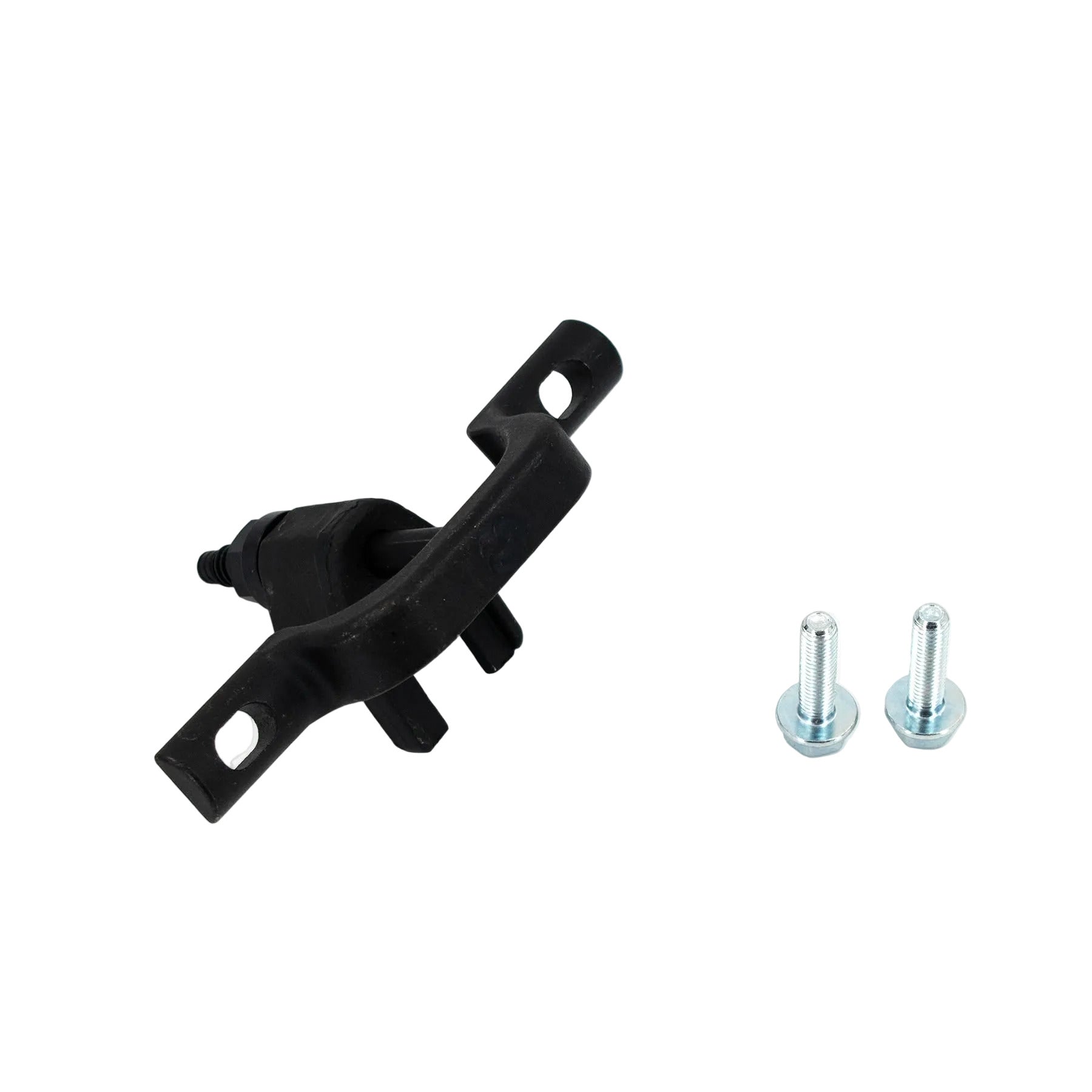 Black mechanical component with two screws on a white background